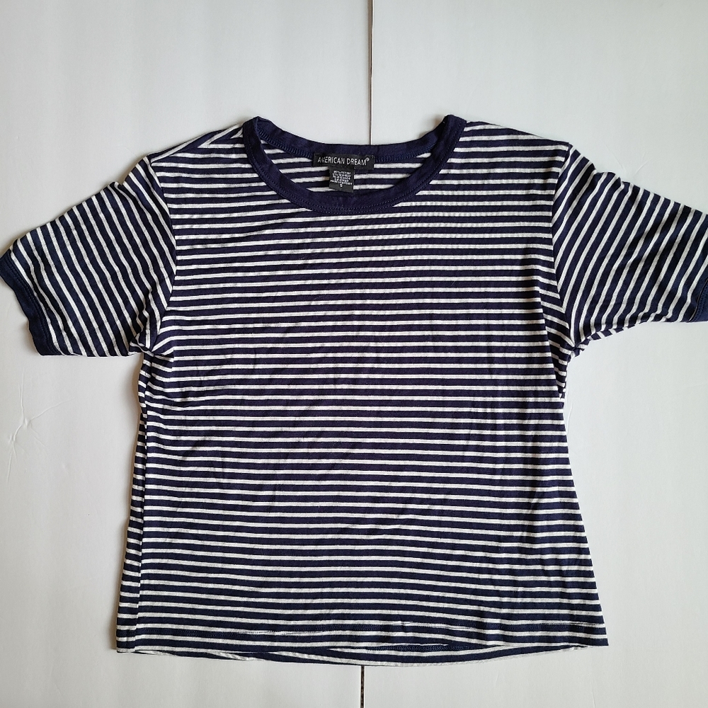 American Dream Small Navy Blue white striped short sleeve tee shirt cozy cute